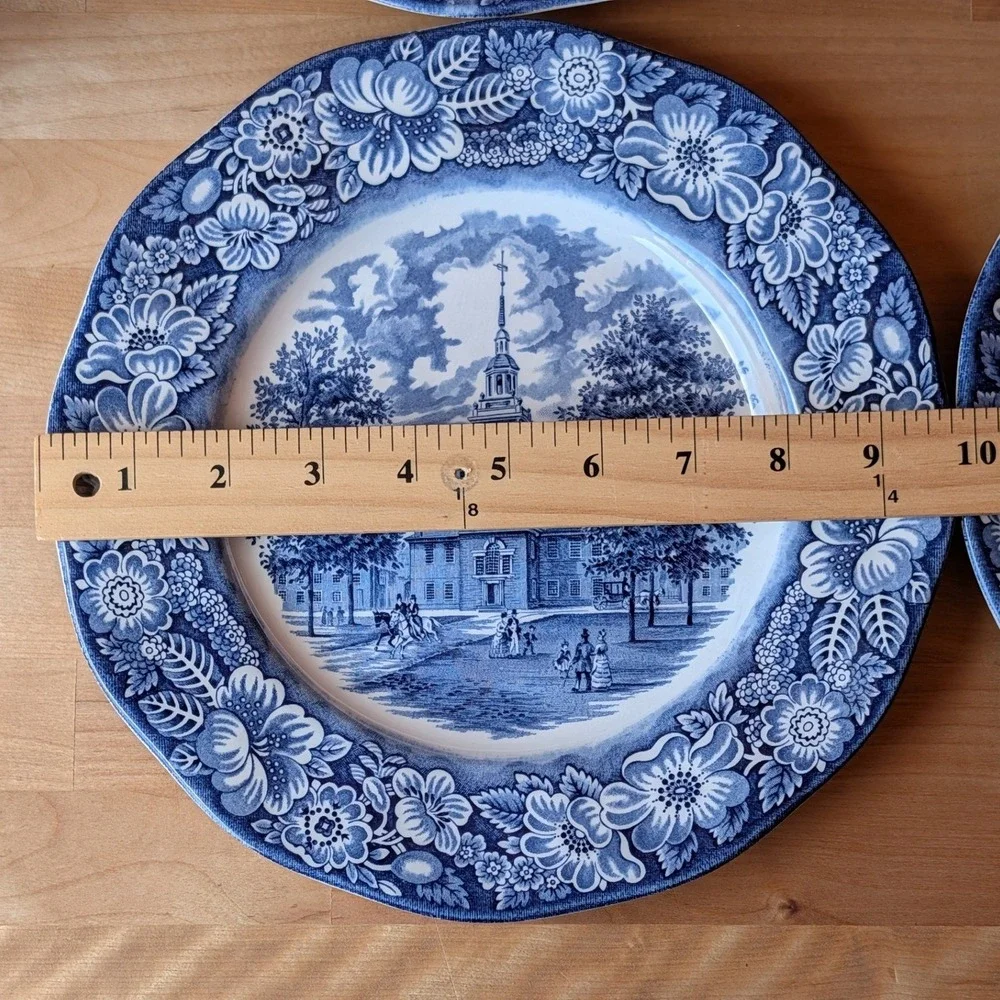 4 Liberty Blue Independence Hall Dinner Plates Staffordshire Ironstone 10